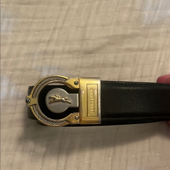 Longchamp Other - Unisex Longchamp black leather belt with silver and gold buckle detail